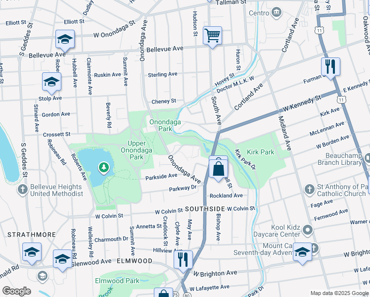 map of restaurants, bars, coffee shops, grocery stores, and more near 501 Onondaga Avenue in Syracuse
