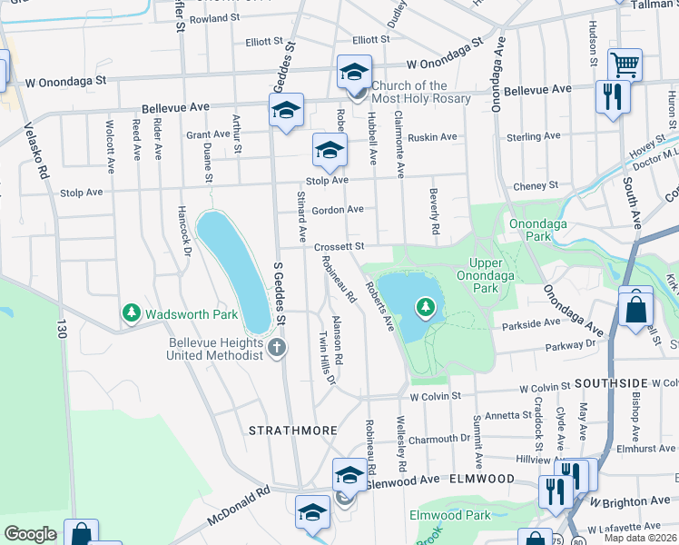 map of restaurants, bars, coffee shops, grocery stores, and more near 511 Roberts Avenue in Syracuse