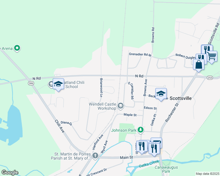 map of restaurants, bars, coffee shops, grocery stores, and more near 695 North Road in Scottsville