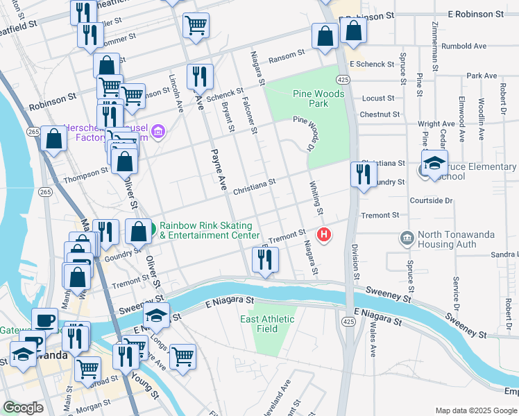 map of restaurants, bars, coffee shops, grocery stores, and more near 145 Bryant Street in North Tonawanda