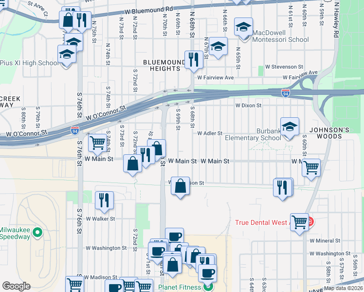 map of restaurants, bars, coffee shops, grocery stores, and more near 439 South 69th Street in Milwaukee