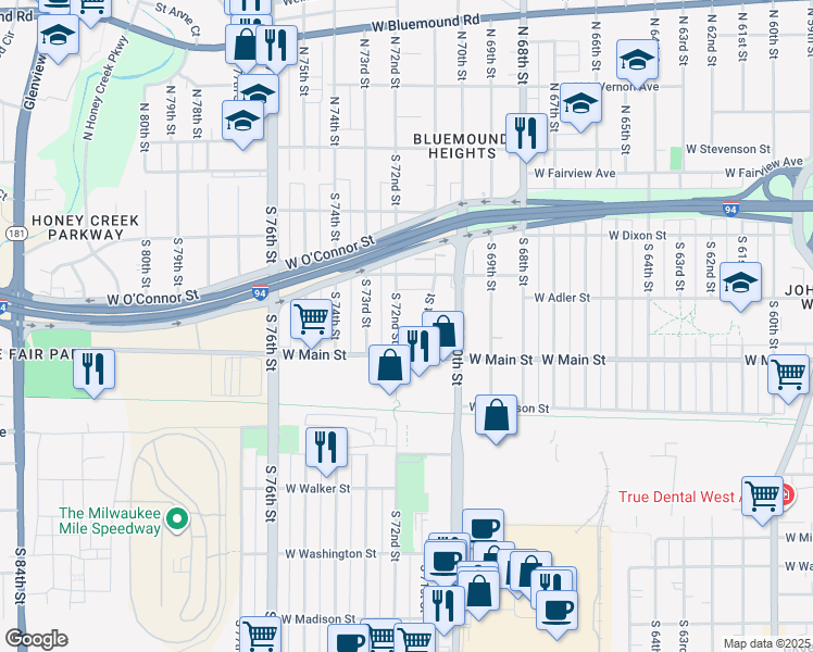 map of restaurants, bars, coffee shops, grocery stores, and more near 446 South 72nd Street in Milwaukee