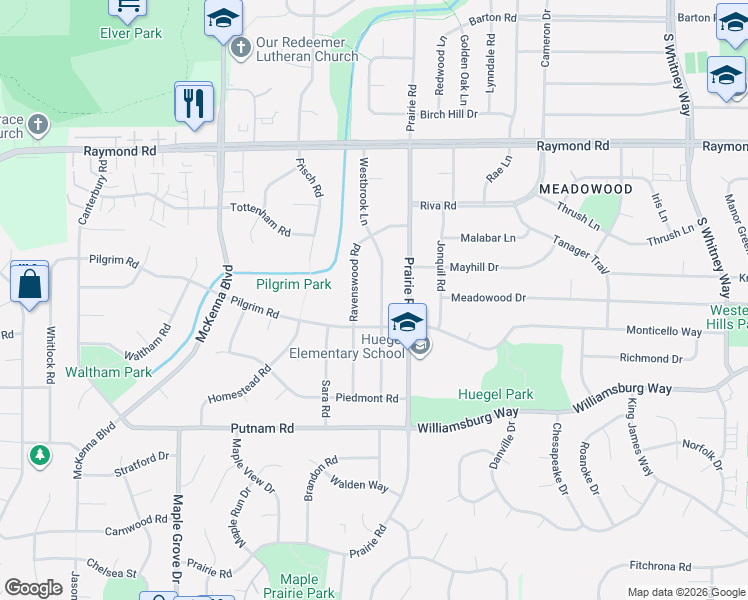 map of restaurants, bars, coffee shops, grocery stores, and more near 2309 Westbrook Lane in Madison