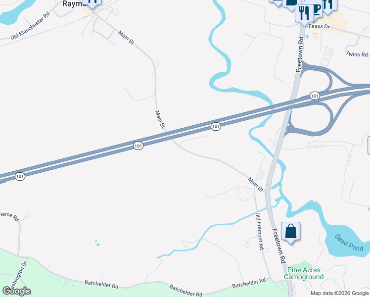 map of restaurants, bars, coffee shops, grocery stores, and more near 126 Main Street in Raymond