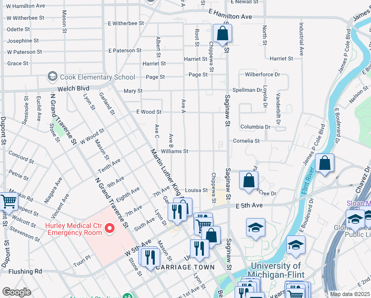map of restaurants, bars, coffee shops, grocery stores, and more near 1214 Ave A in Flint