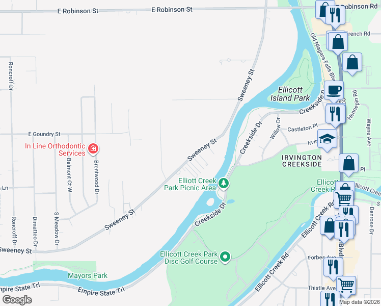 map of restaurants, bars, coffee shops, grocery stores, and more near 1326 Sweeney Street in North Tonawanda