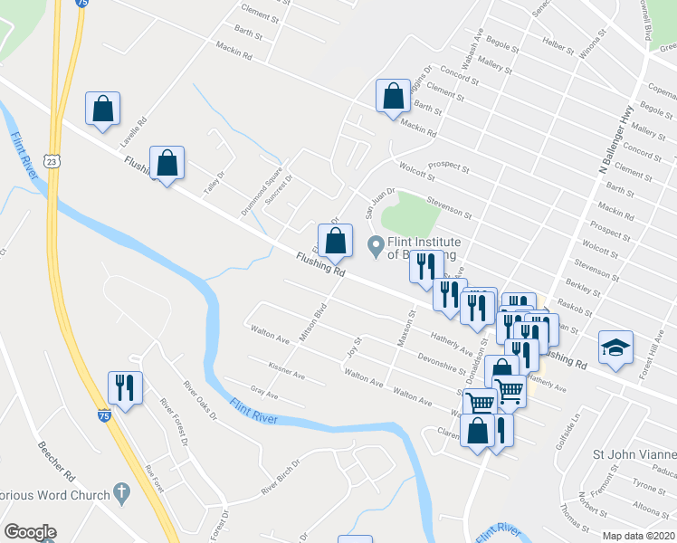 map of restaurants, bars, coffee shops, grocery stores, and more near 3250 Flushing Road in Flint