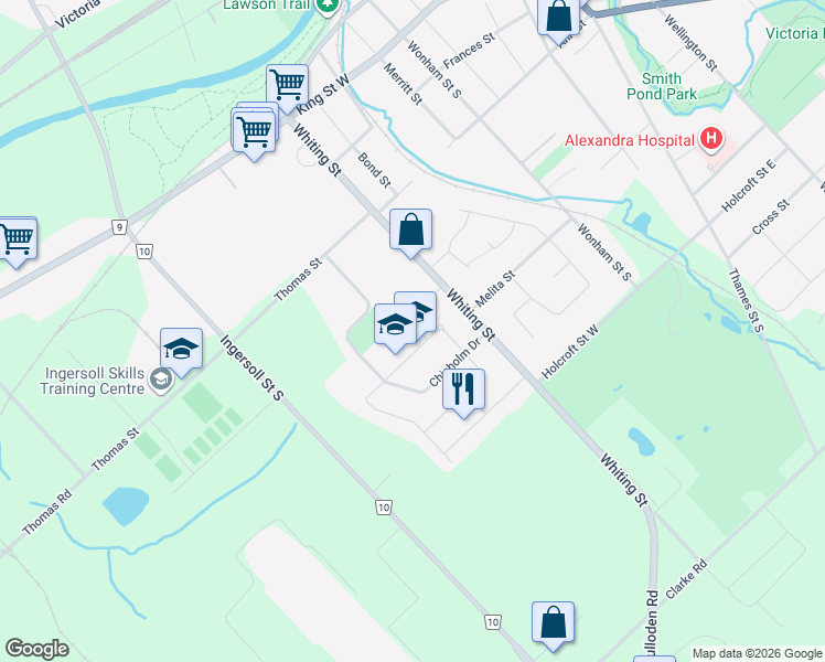 map of restaurants, bars, coffee shops, grocery stores, and more near 38 Glenn Avenue in Ingersoll