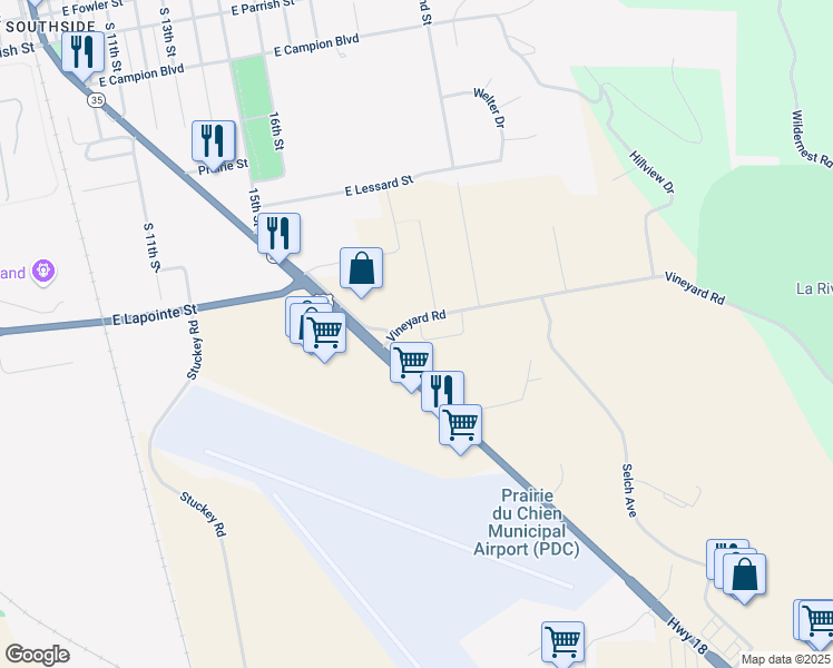 map of restaurants, bars, coffee shops, grocery stores, and more near 63151 Vineyard Road in Prairie du Chien