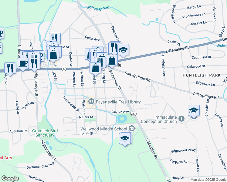 map of restaurants, bars, coffee shops, grocery stores, and more near 308 South Manlius Street in Fayetteville