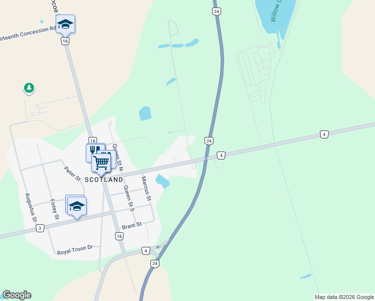 map of restaurants, bars, coffee shops, grocery stores, and more near 3 Kings Lane in Brant