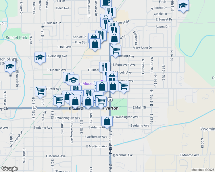 map of restaurants, bars, coffee shops, grocery stores, and more near 302 N Federal Blvd in Riverton