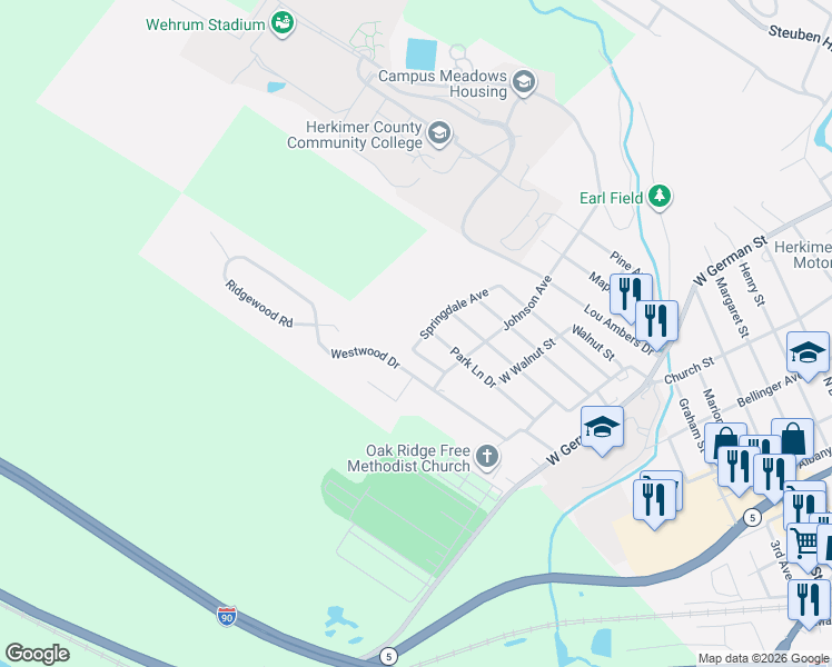 map of restaurants, bars, coffee shops, grocery stores, and more near 806 Springdale Avenue in Herkimer