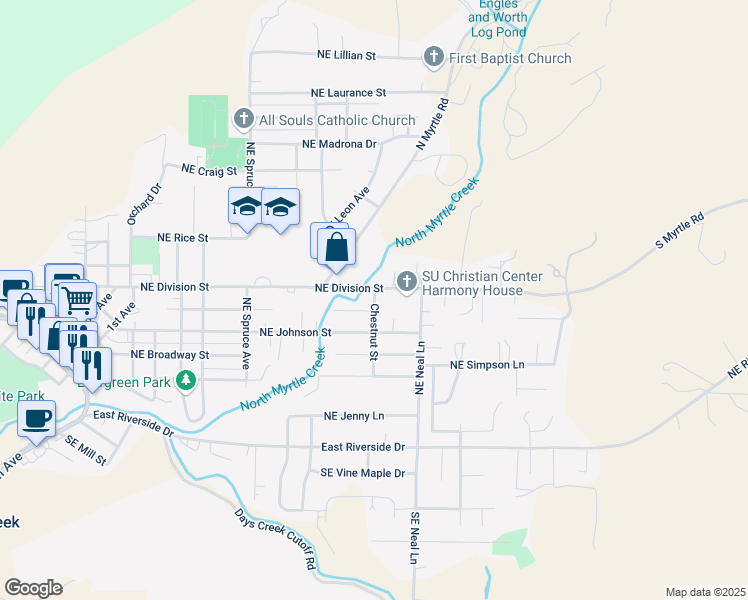 map of restaurants, bars, coffee shops, grocery stores, and more near 536 Chestnut St in Myrtle Creek