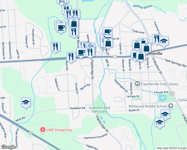 map of restaurants, bars, coffee shops, grocery stores, and more near 217 Highbridge Street in Fayetteville