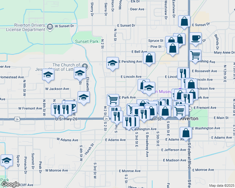 map of restaurants, bars, coffee shops, grocery stores, and more near 109 East Jackson Avenue in Riverton