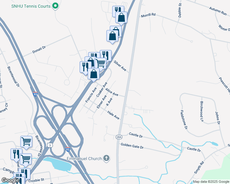 map of restaurants, bars, coffee shops, grocery stores, and more near 32 West Alice Avenue in Hooksett