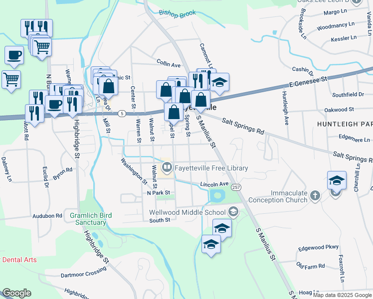 map of restaurants, bars, coffee shops, grocery stores, and more near 601 Clinton Street in Fayetteville