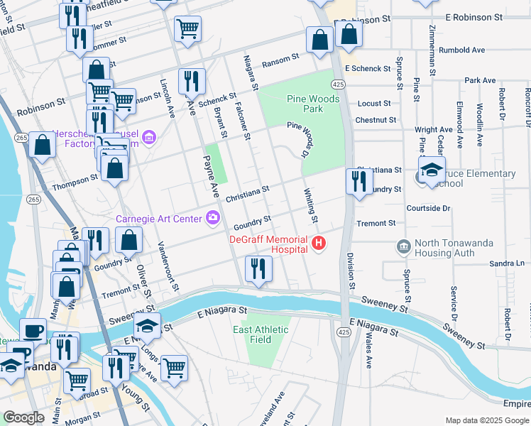 map of restaurants, bars, coffee shops, grocery stores, and more near 356 Goundry Street in North Tonawanda