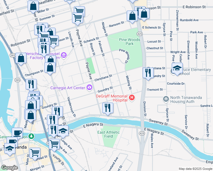map of restaurants, bars, coffee shops, grocery stores, and more near 145 Bryant Street in North Tonawanda