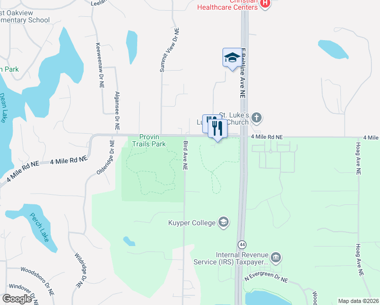 map of restaurants, bars, coffee shops, grocery stores, and more near 3554 Bird Avenue Northeast in Grand Rapids