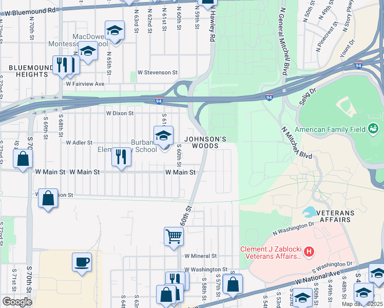 map of restaurants, bars, coffee shops, grocery stores, and more near 5923 West Adler Street in Milwaukee