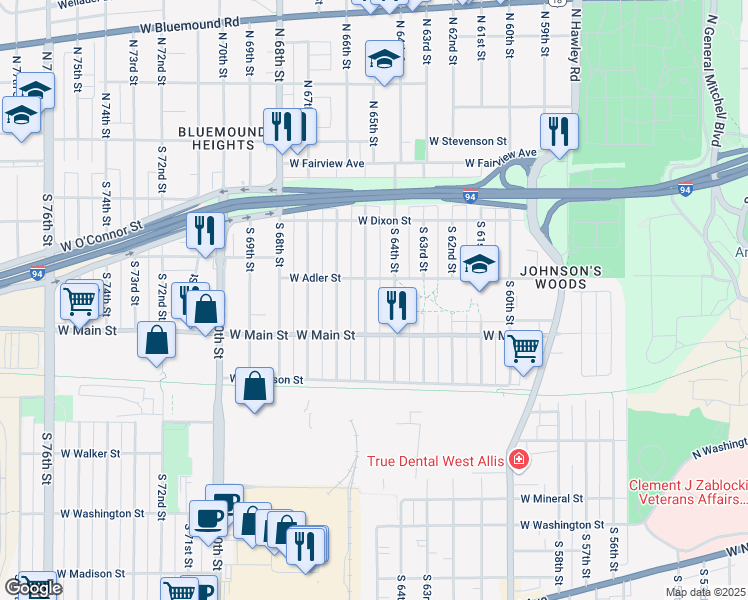 map of restaurants, bars, coffee shops, grocery stores, and more near 409 South 64th Street in Milwaukee