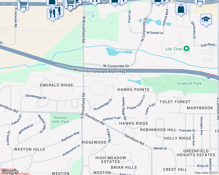 map of restaurants, bars, coffee shops, grocery stores, and more near 18430 Emerald Drive in Brookfield
