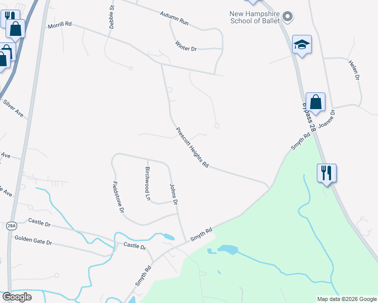 map of restaurants, bars, coffee shops, grocery stores, and more near 40 Prescott Heights Road in Hooksett