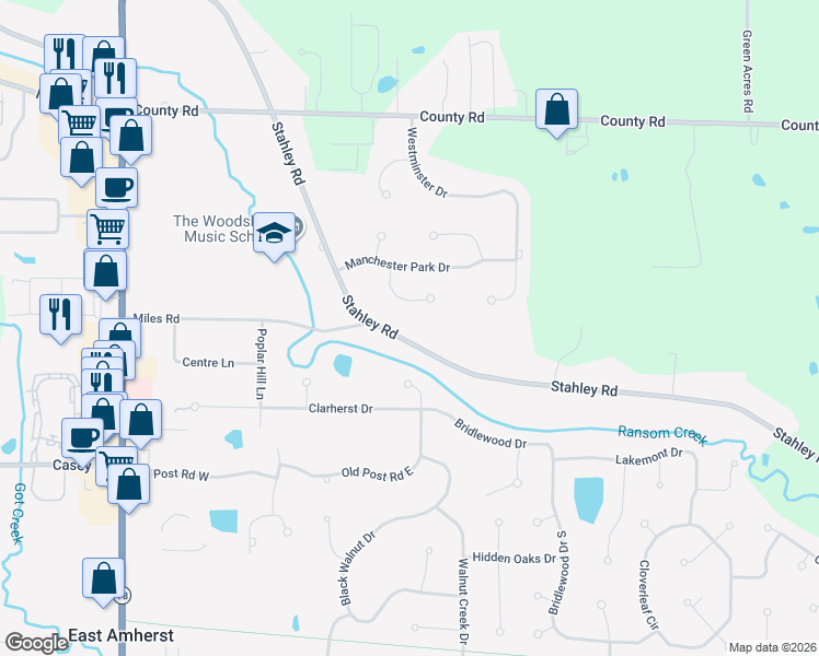 map of restaurants, bars, coffee shops, grocery stores, and more near 8309 Parliament Circle in East Amherst