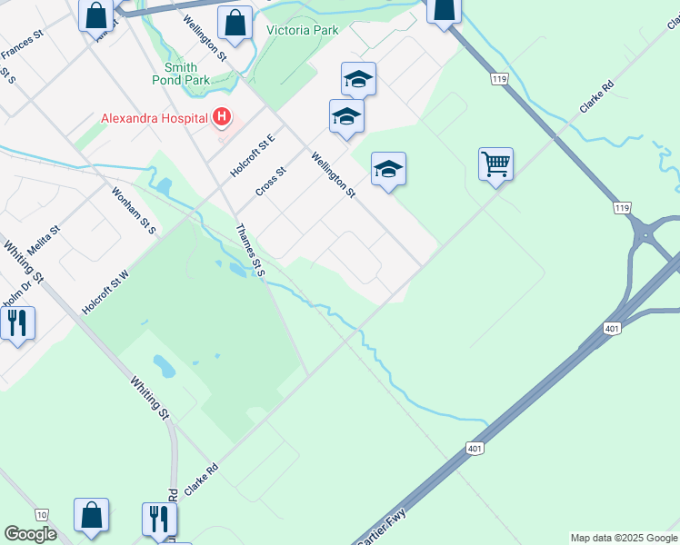 map of restaurants, bars, coffee shops, grocery stores, and more near in Ingersoll