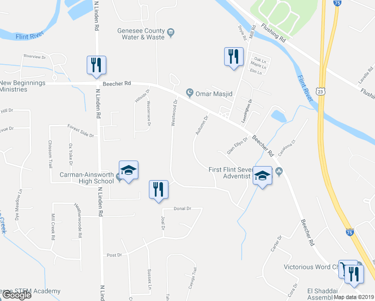 map of restaurants, bars, coffee shops, grocery stores, and more near 1431 Autumn Drive in Flint