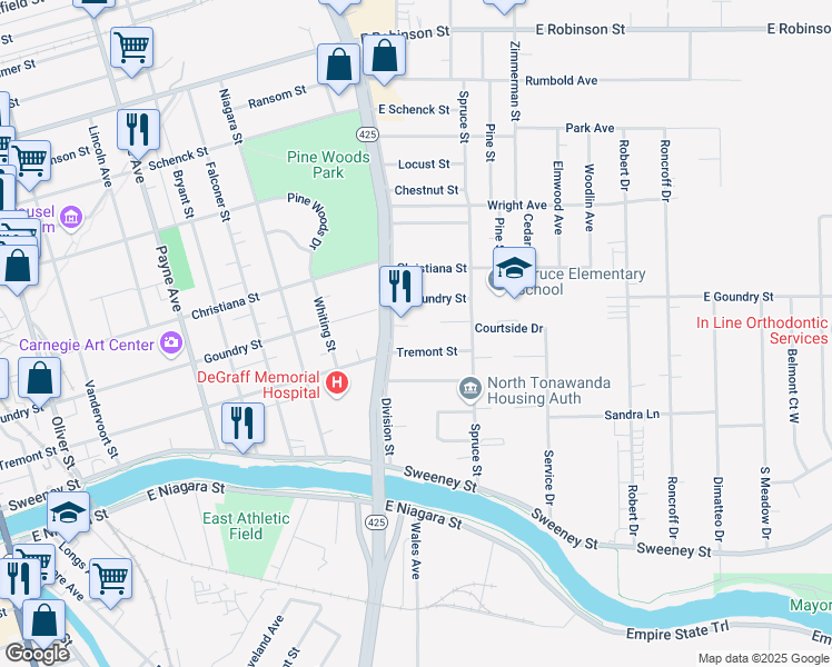 map of restaurants, bars, coffee shops, grocery stores, and more near 139 Division Street in North Tonawanda