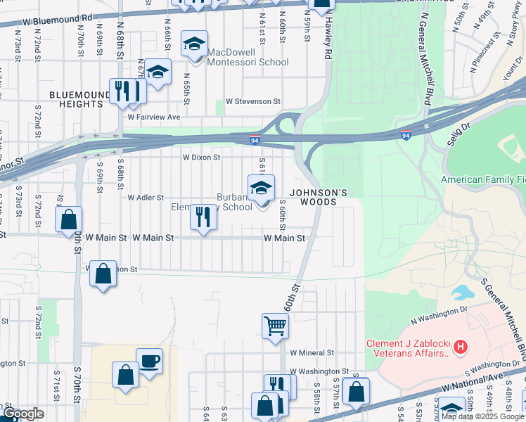 map of restaurants, bars, coffee shops, grocery stores, and more near 6035 West Adler Street in Milwaukee