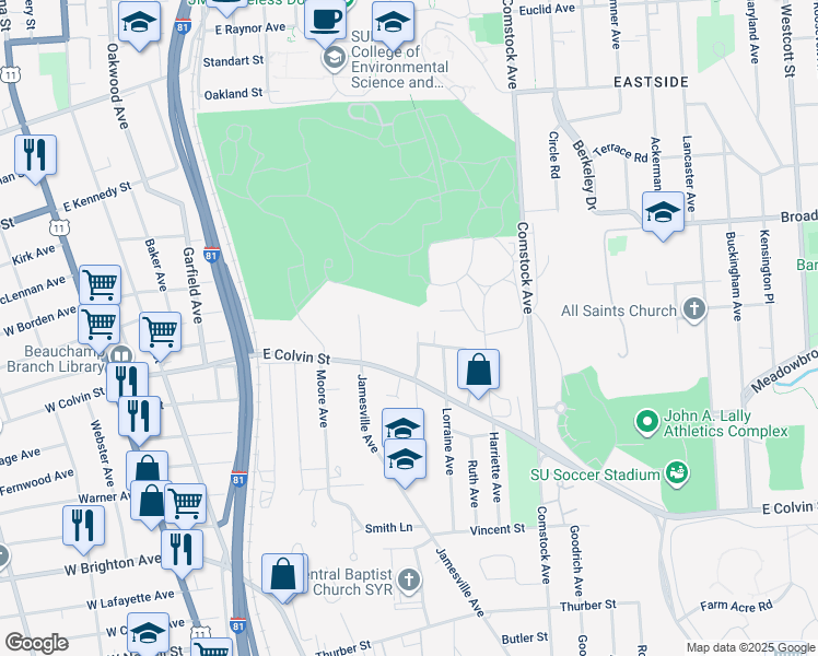 map of restaurants, bars, coffee shops, grocery stores, and more near 205-07 North Hughes Place in Syracuse