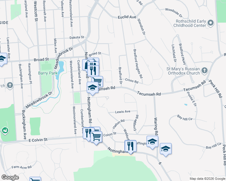map of restaurants, bars, coffee shops, grocery stores, and more near 302 Tecumseh Road in Syracuse