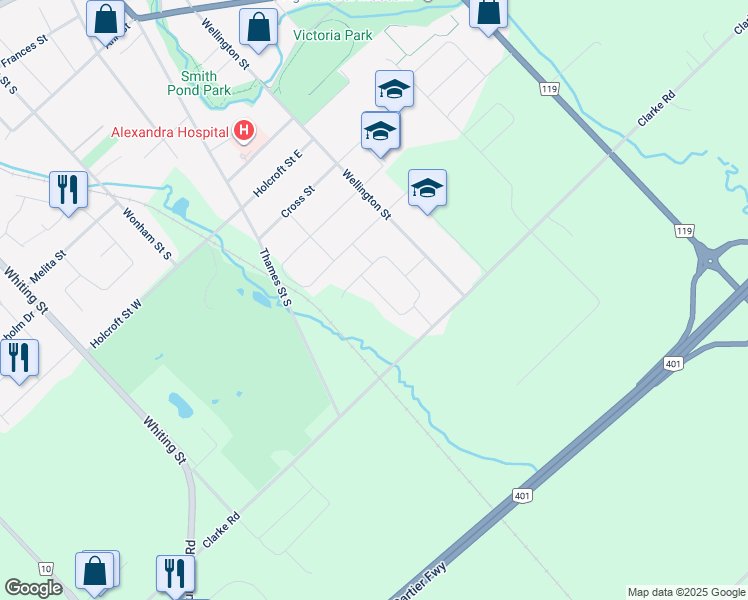map of restaurants, bars, coffee shops, grocery stores, and more near in Ingersoll