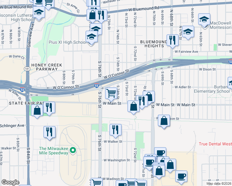 map of restaurants, bars, coffee shops, grocery stores, and more near 445 South 74th Street in Milwaukee