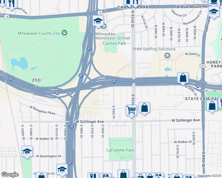 map of restaurants, bars, coffee shops, grocery stores, and more near 407 South 94th Place in Milwaukee