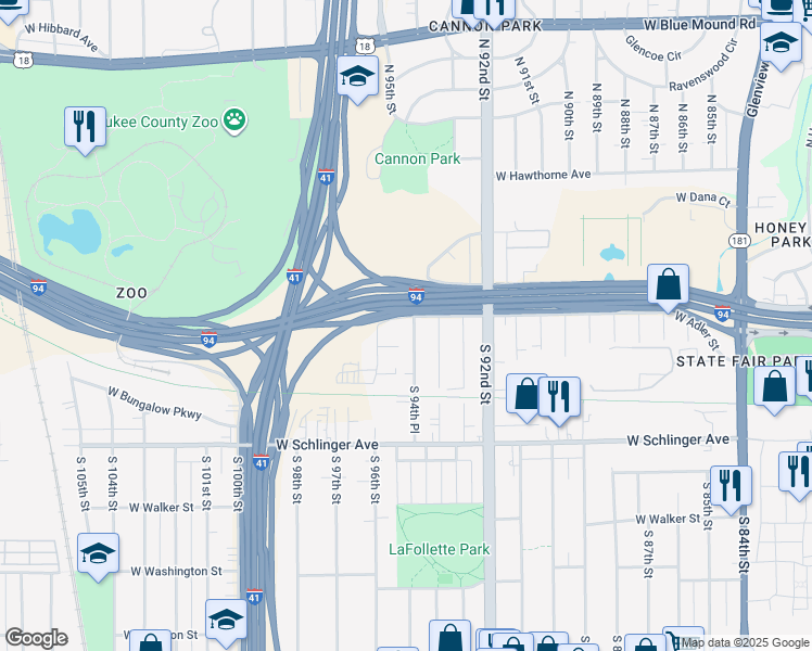 map of restaurants, bars, coffee shops, grocery stores, and more near 407 South 94th Place in Milwaukee