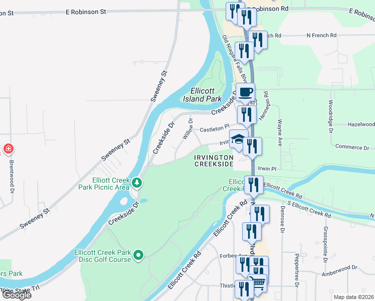 map of restaurants, bars, coffee shops, grocery stores, and more near 76 Willow Drive in Tonawanda