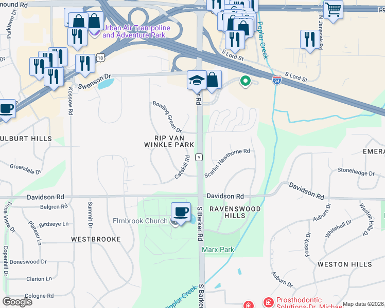 map of restaurants, bars, coffee shops, grocery stores, and more near 490 Catskill Road in Waukesha