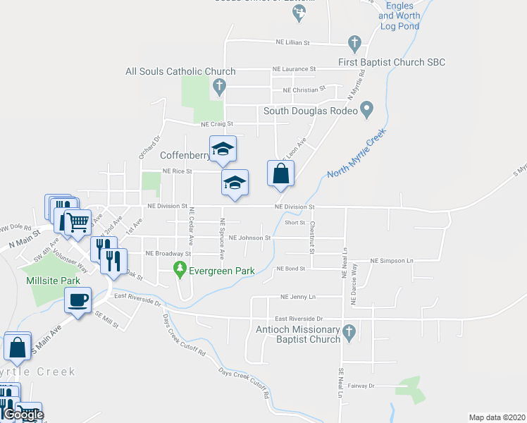 map of restaurants, bars, coffee shops, grocery stores, and more near 738 Northeast Division Street in Myrtle Creek