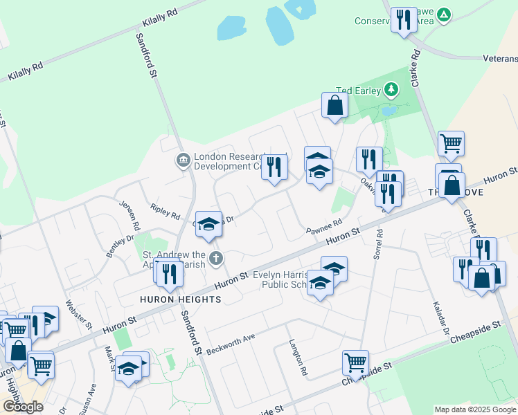 map of restaurants, bars, coffee shops, grocery stores, and more near 989 Chippewa Drive in London