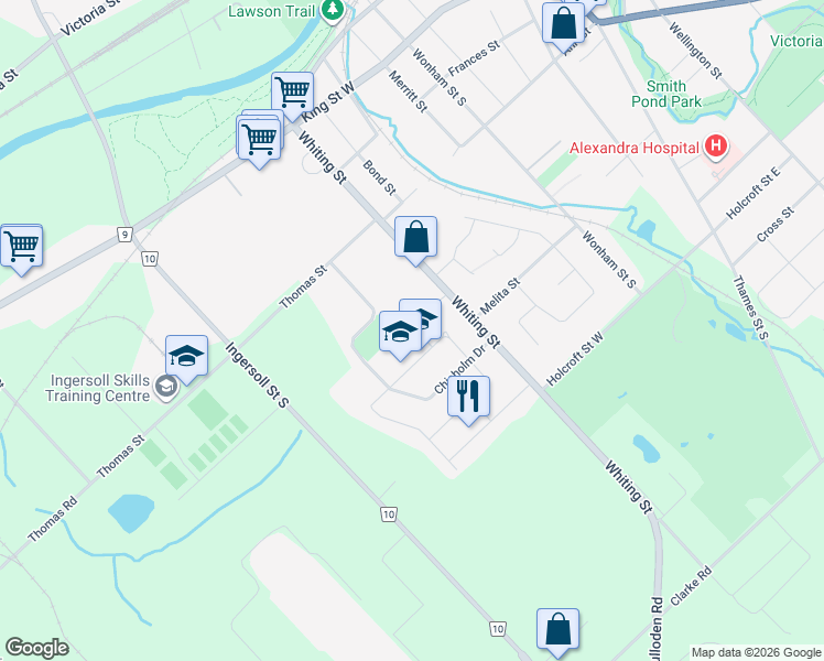 map of restaurants, bars, coffee shops, grocery stores, and more near 38 Glenn Avenue in Ingersoll