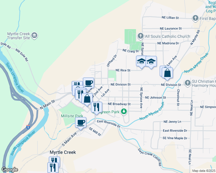 map of restaurants, bars, coffee shops, grocery stores, and more near 510 1st Avenue in Myrtle Creek