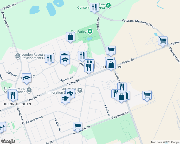 map of restaurants, bars, coffee shops, grocery stores, and more near 100 Oakville Avenue in London