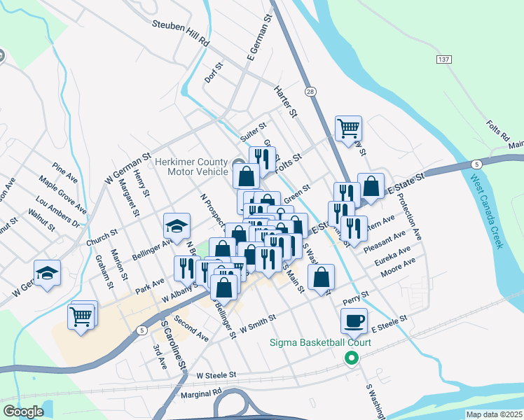 map of restaurants, bars, coffee shops, grocery stores, and more near 115 Green St in Herkimer