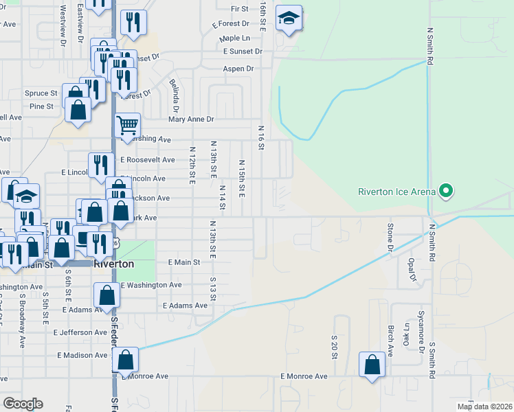 map of restaurants, bars, coffee shops, grocery stores, and more near 314 North 16th Street East in Riverton