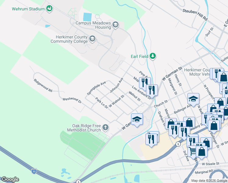 map of restaurants, bars, coffee shops, grocery stores, and more near 713 Ronald Street in Herkimer